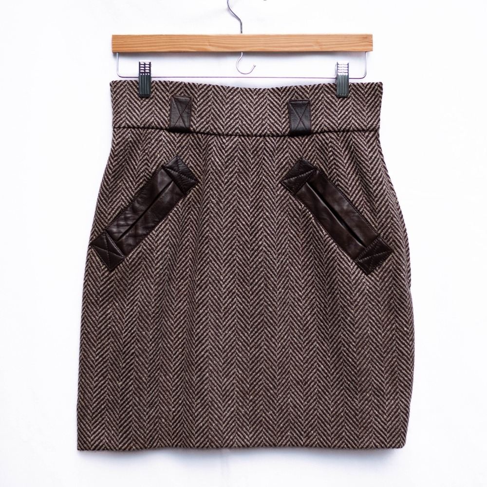 Saint Laurent Rive Gauche Wool Leather Mini Skirt 42 France Brown‎ Chevron VTG